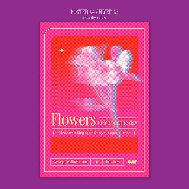 Plantilla de cartel de flores de colores kitsch