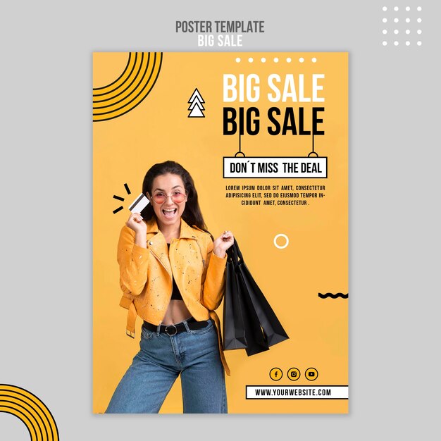 Plantilla de cartel para gran venta con mujer y bolsas de compras.