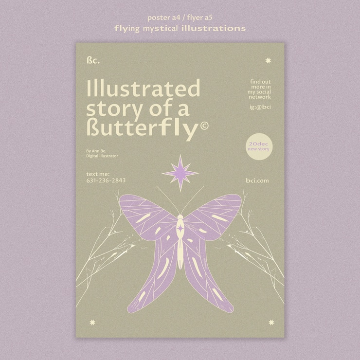 PSD gratuito plantilla de cartel de historia de mariposa mística voladora