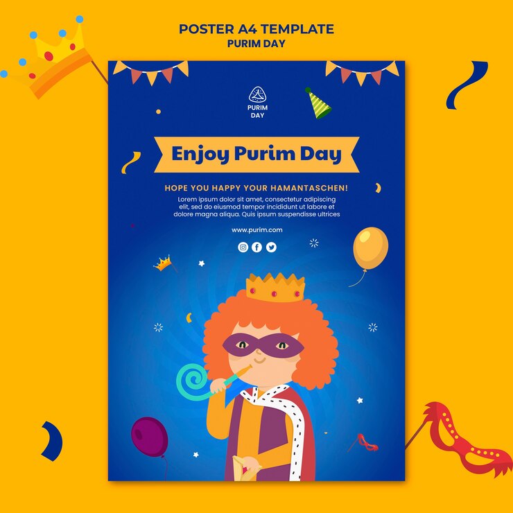 PSD gratuito plantilla de cartel de purim de diseño plano