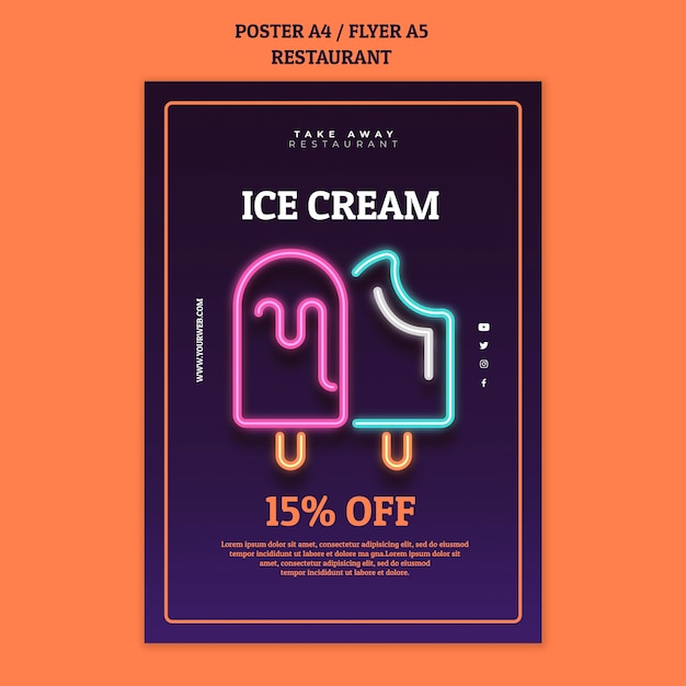 Plantilla de cartel de restaurante abstracto con helados de neón