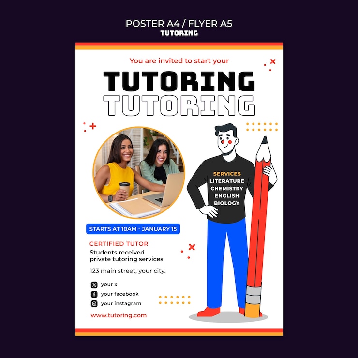 PSD gratuito plantilla de cartel de trabajo de tutoría de diseño plano