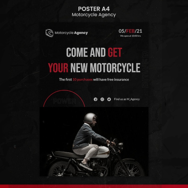 PSD gratuito plantilla de cartel vertical para agencia de motocicletas con piloto masculino