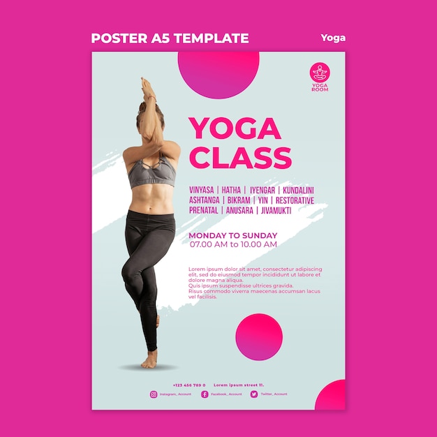 Plantilla de cartel vertical para clase de yoga con mujer