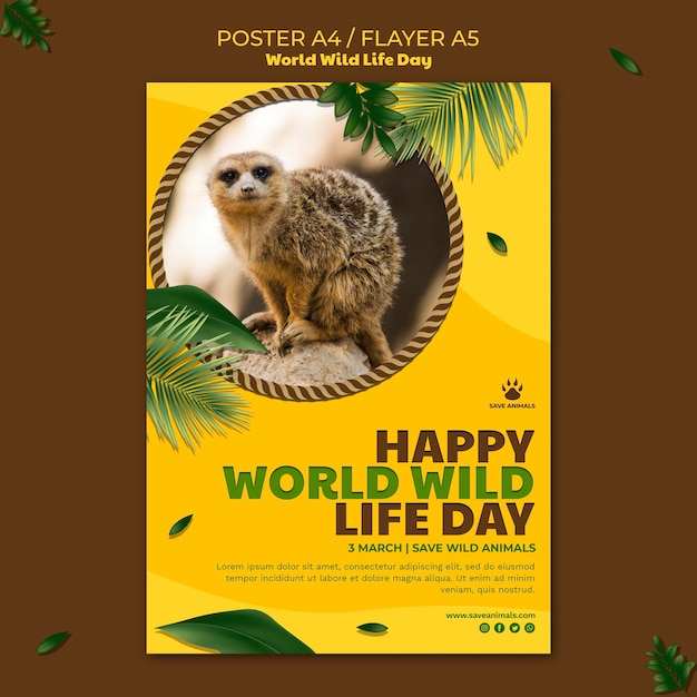PSD gratuito plantilla de cartel vertical para el día mundial de la vida silvestre con animales