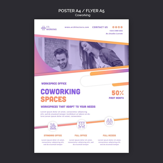 PSD gratuito plantilla de cartel vertical para espacio de coworking