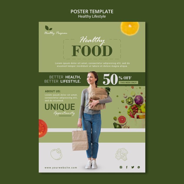 Plantilla de cartel vertical para un estilo de vida saludable con mujer