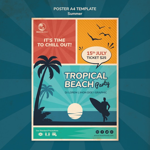 Plantilla de cartel vertical para fiesta en la playa tropical