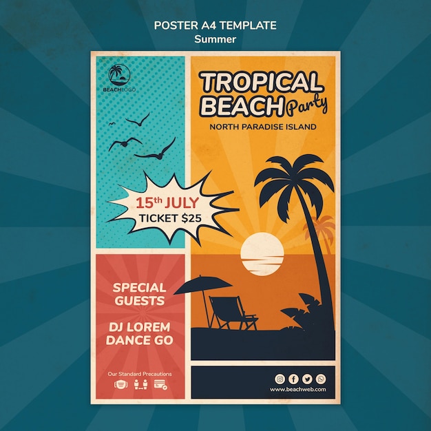 Plantilla de cartel vertical para fiesta en la playa tropical