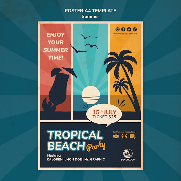 Plantilla de cartel vertical para fiesta en la playa tropical