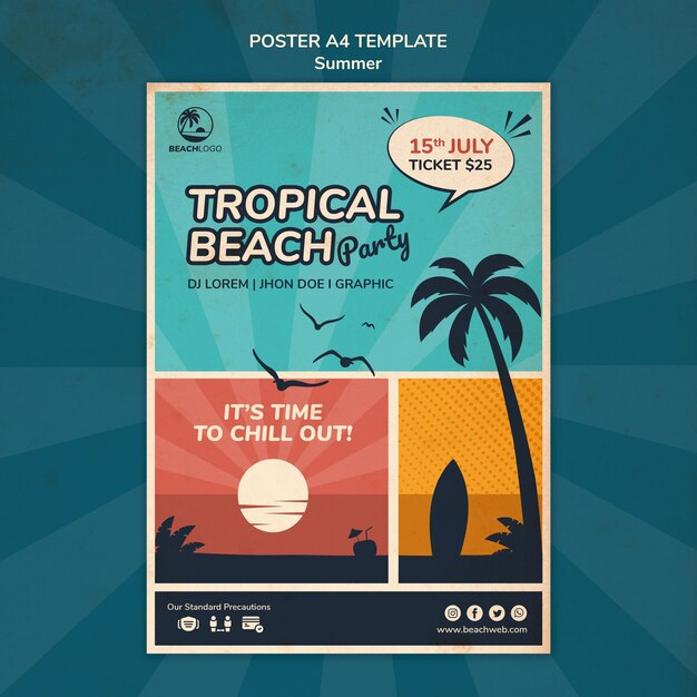 Plantilla de cartel vertical para fiesta en la playa tropical