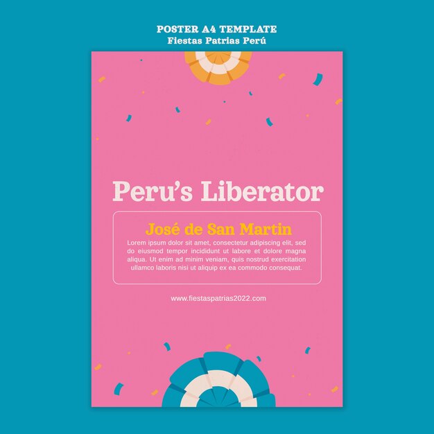 Plantilla de cartel vertical de fiestas patrias con confeti y rosetas