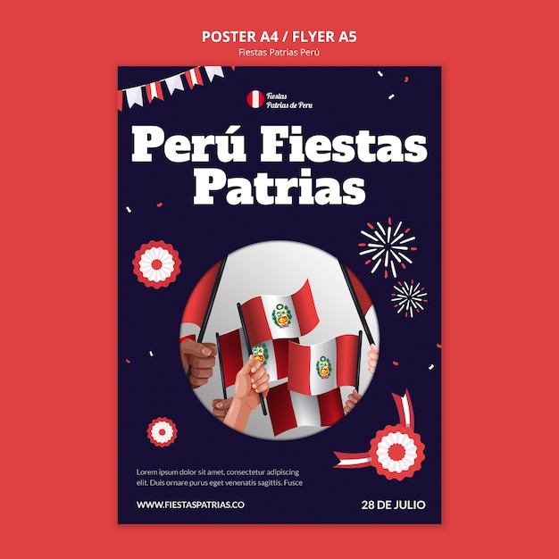 PSD gratuito plantilla de cartel vertical de fiestas patrias con rosetas y banderines