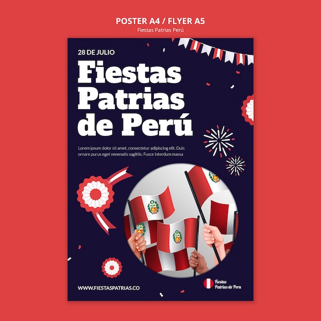 Plantilla de cartel vertical de fiestas patrias con rosetas y banderines