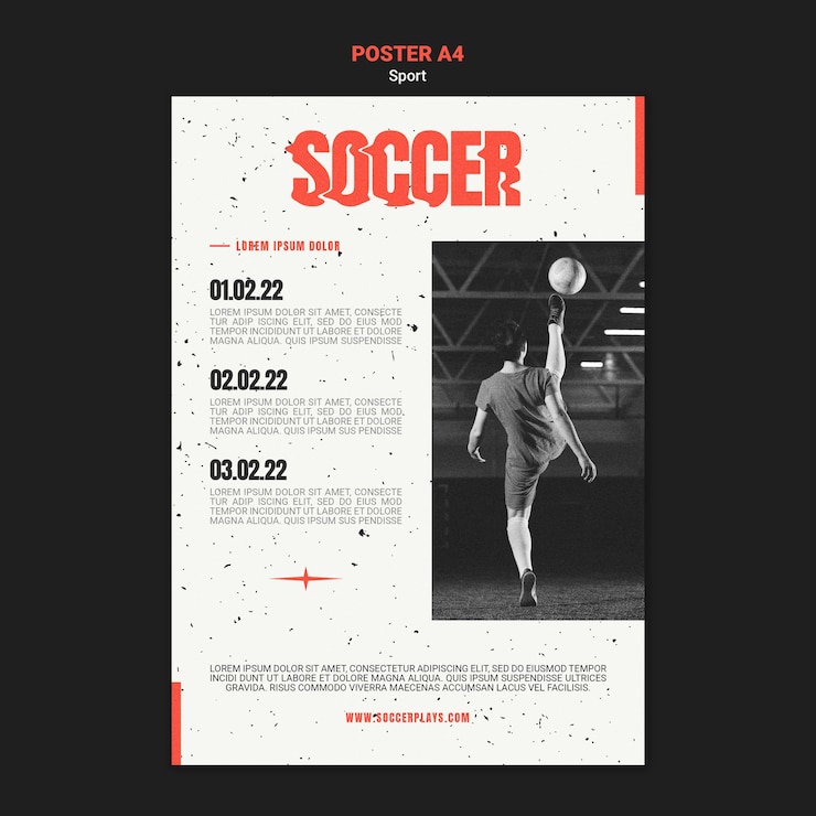 PSD gratuito plantilla de cartel vertical de fútbol con jugadora