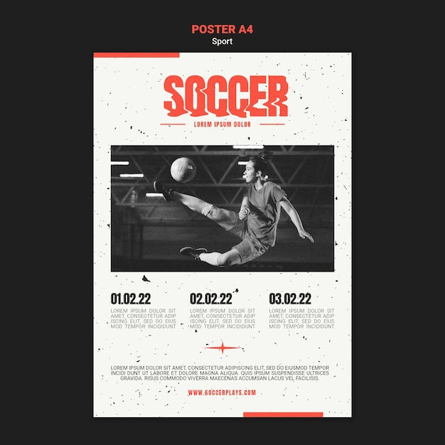 PSD gratuito plantilla de cartel vertical de fútbol con jugadora