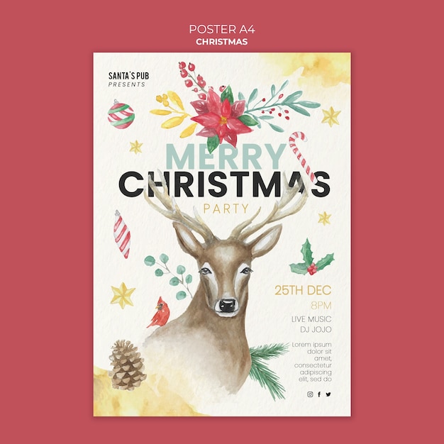 Plantilla de cartel vertical de navidad en acuarela