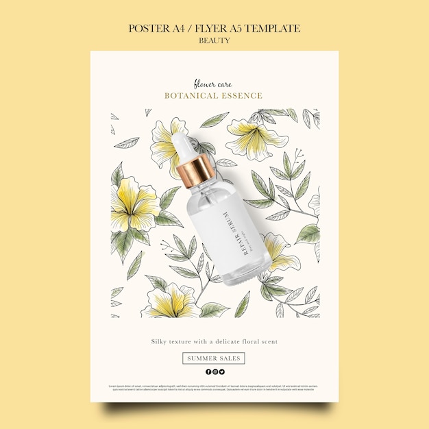 PSD gratuito plantilla de cartel vertical para productos de belleza con flores dibujadas a mano