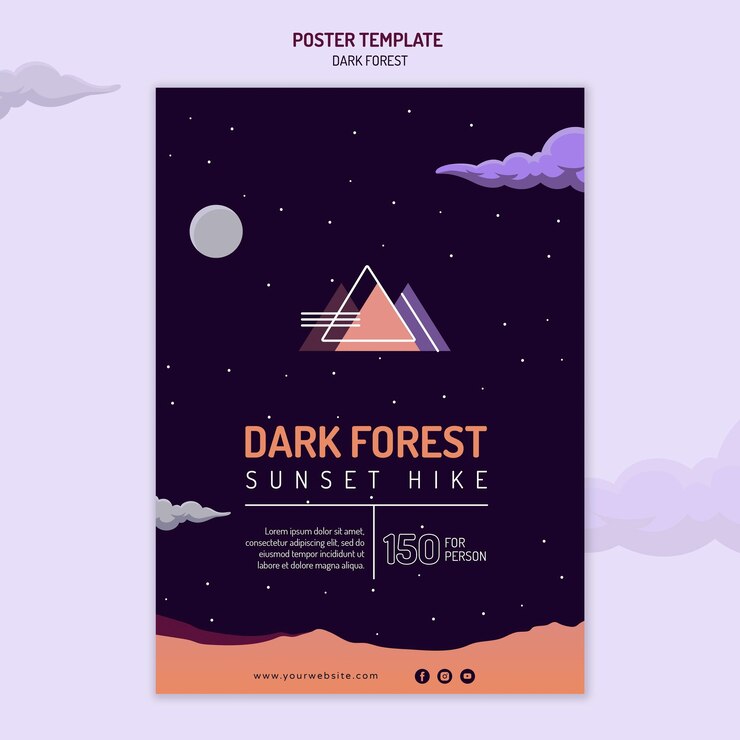 PSD gratuito plantilla de cartel vertical para senderismo en el bosque oscuro