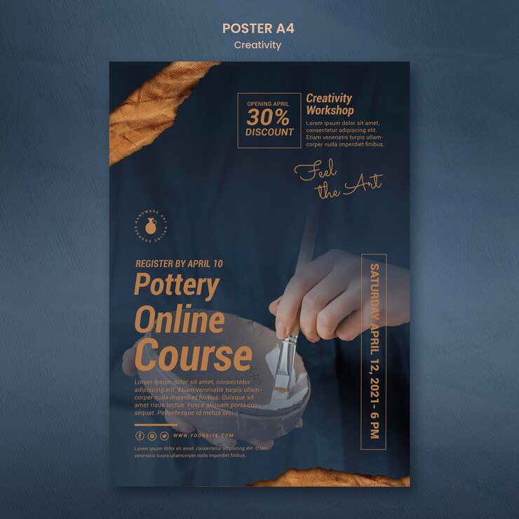PSD gratuito plantilla de cartel vertical para taller de cerámica creativa con mujer