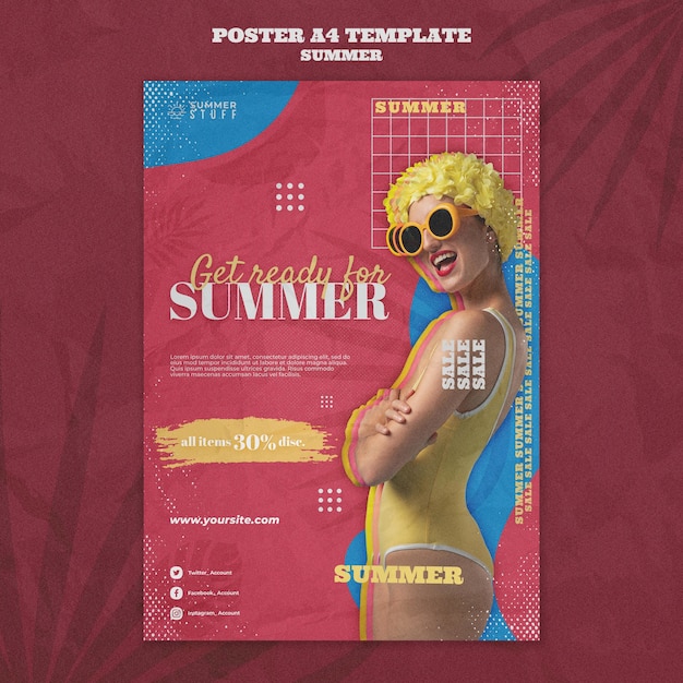 PSD gratuito plantilla de cartel vertical para venta de verano con mujer.