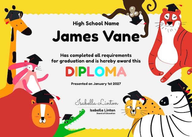 Plantilla de certificado colorido lindo psd en diseño de safari para niños
