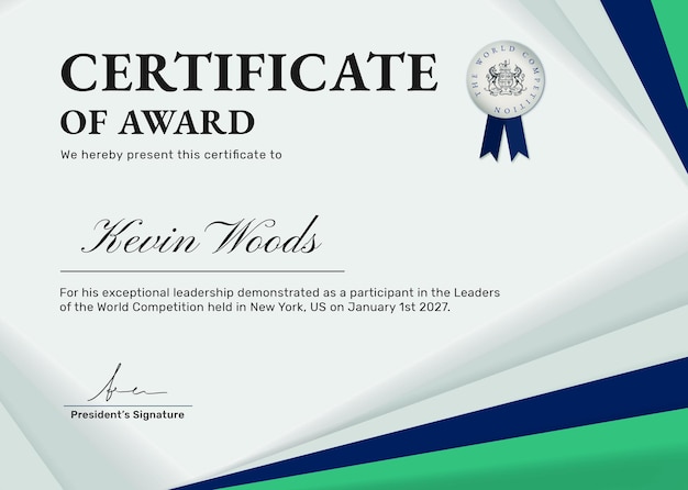 Plantilla de certificado de premio profesional psd en diseño abstracto verde