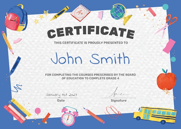Plantilla colorida de certificado de primaria psd con lindos gráficos de doodle