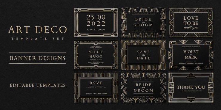 PSD gratuito plantilla de conjunto de psd de invitación de boda con patrón art deco para banner de redes sociales