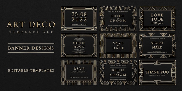 Plantilla de conjunto de psd de invitación de boda con patrón art deco para banner de redes sociales