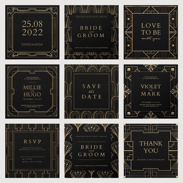 Plantilla de conjunto de psd de invitación de boda con patrón art deco para publicación en redes sociales