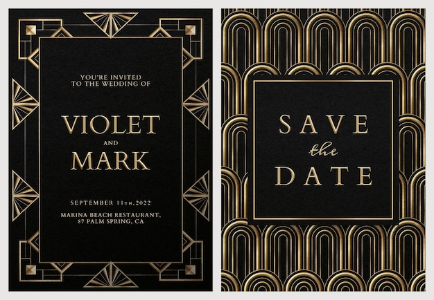 Plantilla de conjunto de psd de tarjeta de invitación de boda con estilo art deco geométrico sobre fondo oscuro