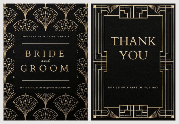 Plantilla de conjunto de psd de tarjeta de invitación de boda con estilo art deco geométrico sobre fondo oscuro