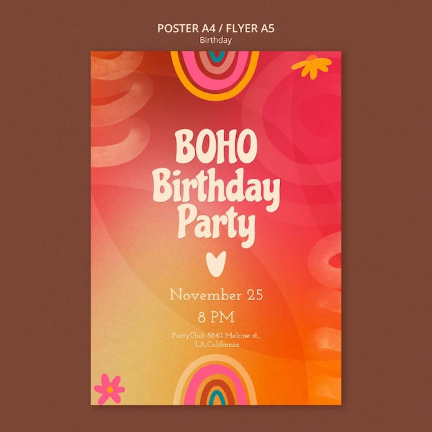 PSD gratuito plantilla de cumpleaños boho de diseño plano