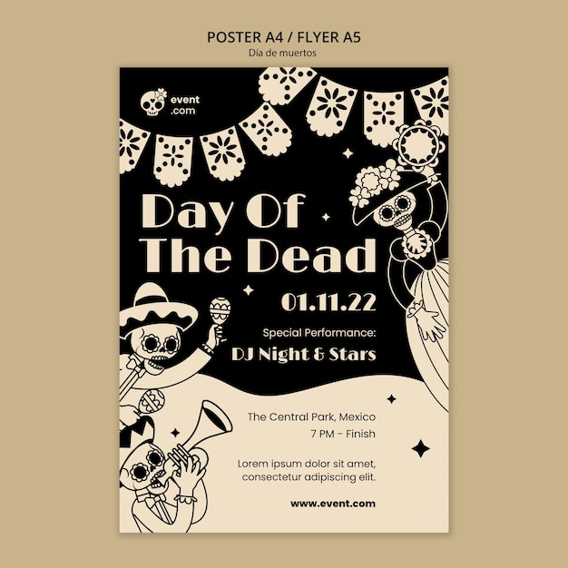 Plantilla de día de muertos de diseño plano