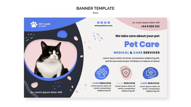 Plantilla de diseño de banner de cuidado de mascotas