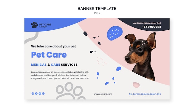 Plantilla de diseño de banner de cuidado de mascotas