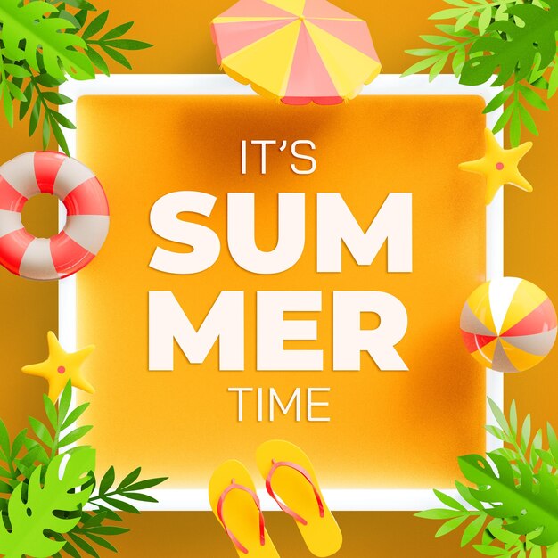 Plantilla de diseño de banner de horario de verano con elementos de playa
