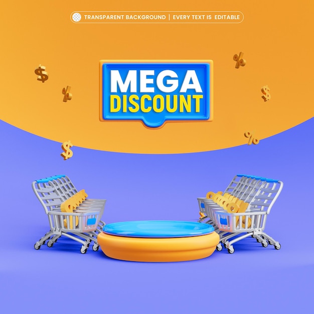 Plantilla de diseño de banner de oferta de mega venta render 3d