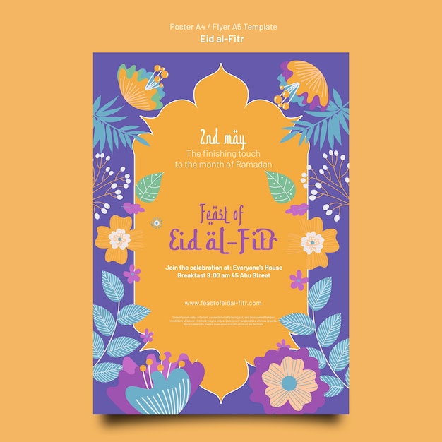 Plantilla de diseño de cartel de eid al-fitr de diseño plano