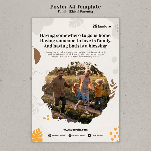Plantilla de diseño de cartel de familia con padres e hijos