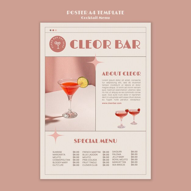 Plantilla de diseño de cartel de menú de cócteles
