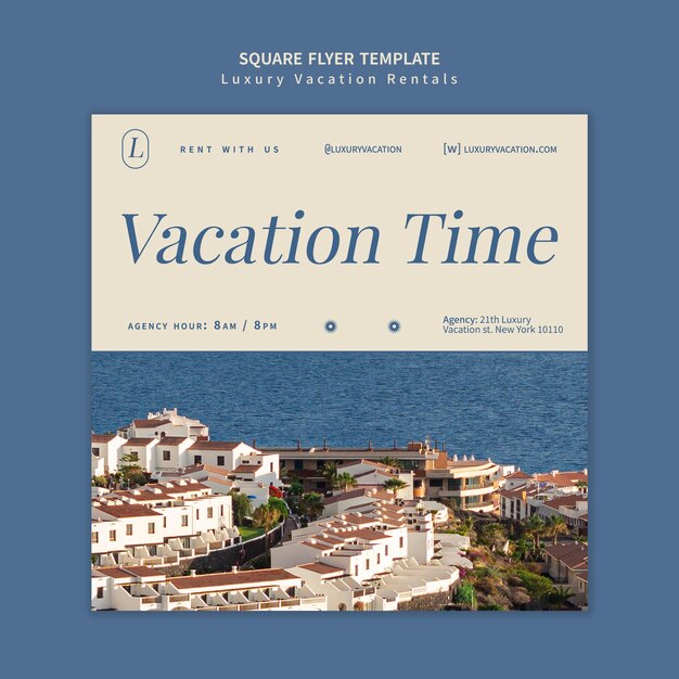 Plantilla de diseño de flyer cuadrado de alquileres de vacaciones de lujo
