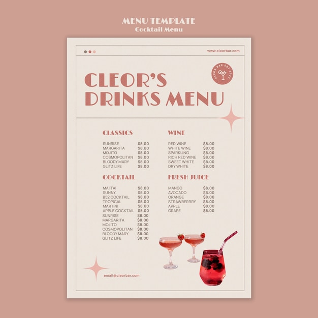 Plantilla de diseño de menú de cócteles