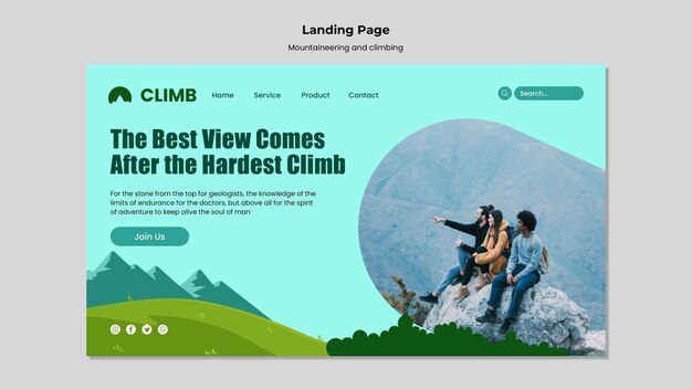 Plantilla de diseño de página de aterrizaje de montañismo y escalada