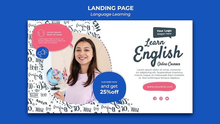 PSD gratuito plantilla de diseño de página de destino de aprendizaje de idiomas