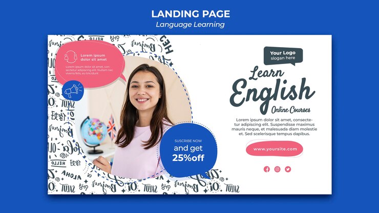 PSD gratuito plantilla de diseño de página de destino de aprendizaje de idiomas