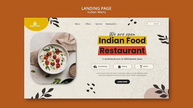 PSD gratuito plantilla de diseño de página de destino de comida india