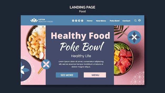 Plantilla de diseño de página de destino de comida de Poke Bowl