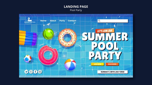 Plantilla de diseño de página de destino de fiesta en la piscina
